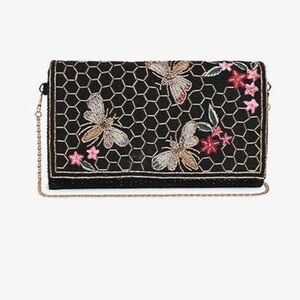 Embroidered Black Clutch midnight honey Floral Design bees roses beaded entire